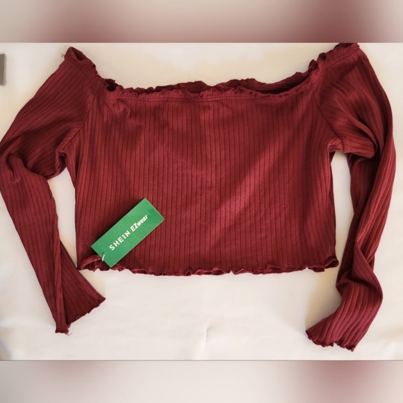 Shein Curve Easy Wear Burgundy Ribbed Long Sleeve Crop Top womens size 2… - Picture 1 of 8